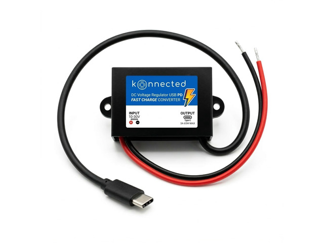 Konnected DC to USB-C PD Fast Charge Converter, 10-30V Input, 65W Max - Hardwire Car, Alarm Panel, Raspberry Pi