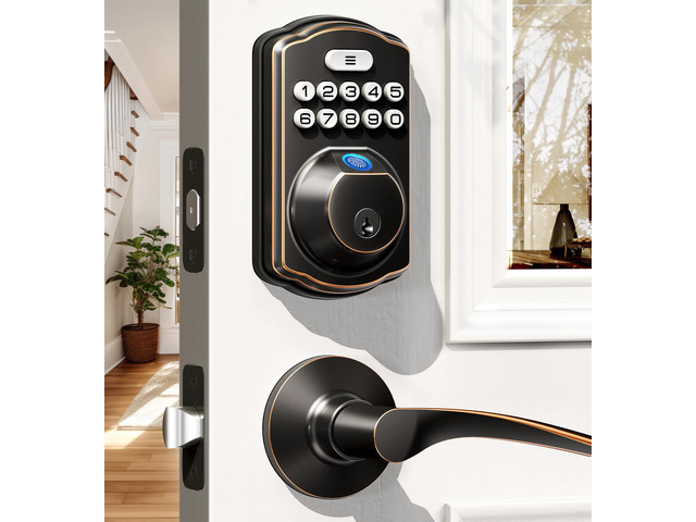 KS02B Fingerprint Door Lock with 2 Lever Handles, Oil Rubbed Bronze Zinc Alloy Handle Set, Auto Lock, Anti-Peep Codes, 2 Keys, Keyless Entry...