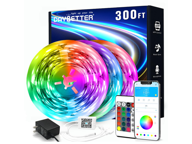 Led Strip Lights 300 ft (3 Rolls of 100 ft) Color Changing Lights Strip for Bedroom, Desk, Indoor Room Bedroom Valentine Decor, with Remote and 24V...
