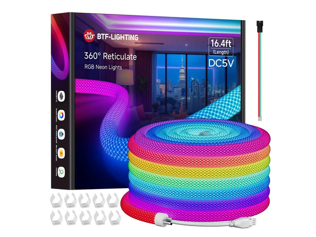 16.4FT WS2812B IC RGB Addressable Neon Rope Strip IP67 DC5V 360 Degree Round Reticulate Pattern Chasing Color WS2811 Flexible Waterproof Dream...