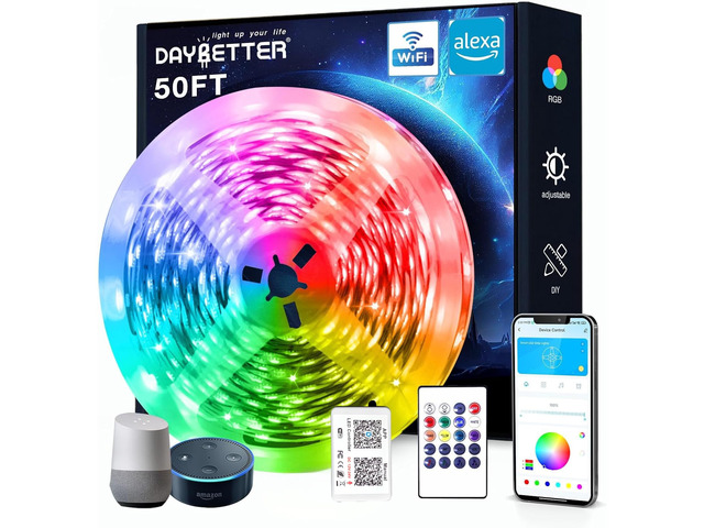 Smart WiFi Led Lights, 50 FT RGB Led Strip Lights Compatible with Alexa and Google Assistant, App Voice Remote Control LED Strip Lighting for...