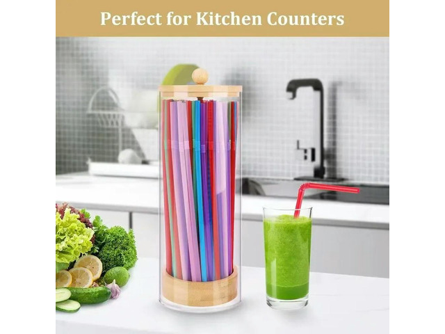 Acrylic Straw Bucket Modern Minimalist Wooden Desk Organizer-Multi-Purpose Straw Box for Home and Office