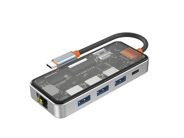 USB Hub With RJ45 Gigabit Ethernet, 4K 2.0 Output, 100W PD Charging, Dual Micro/SD Card Reader- Clear Design