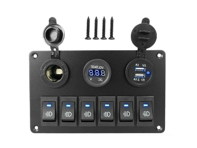 Waterproof 6 Gang LED Digital Voltmeter Rocker Switch Panel Car Marine Circuit Breaker Dual USB Port On/OFF