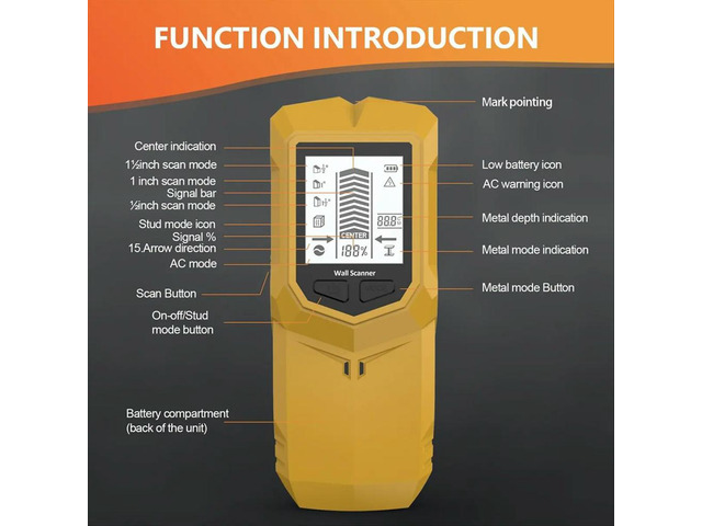6-in-1 Wall l Detector Wall Stud Finder Wood Studs Voltage Live Wire Detect Wall Electric Box Finder Yellow