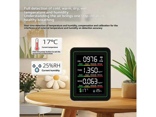 Indoor Air Monitor,CO2 Monitor/Temperature/Formaldehyde Detector TVOC for Rooms,Grow Tents with Bracket Black