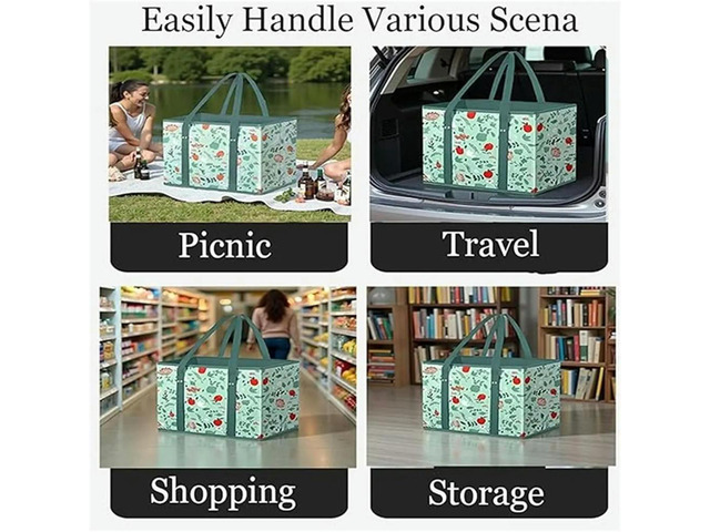Grocery Bags, Reusable Grocery Bags, Large Capacity Non-Woven Foldable Picnic Bag, Reinforced Bottom with Handles A