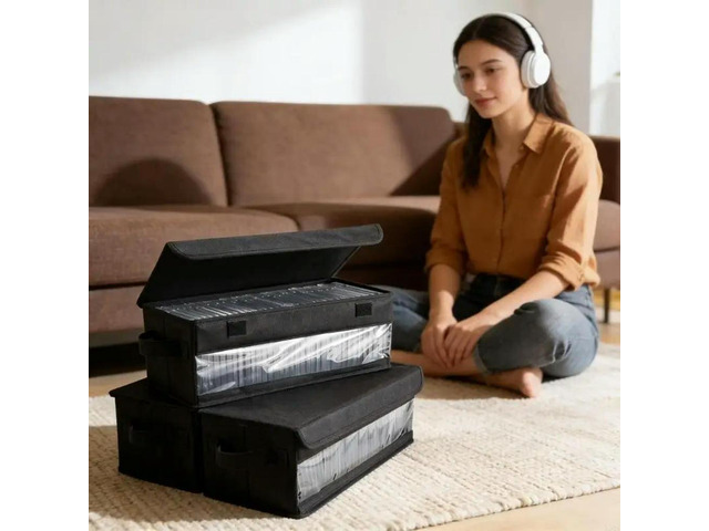 Fabric Box With Cover And Carry Handle Stores 30 disks Space Saving Design For Home And Office