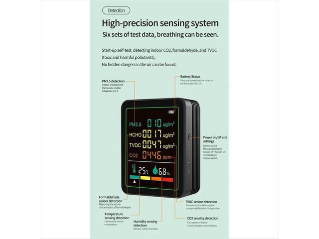6in1 Digital Air Monitor Detector Formaldehyde TVOC PM2.5 /CO2 Meter Temperature Humidity Tester White