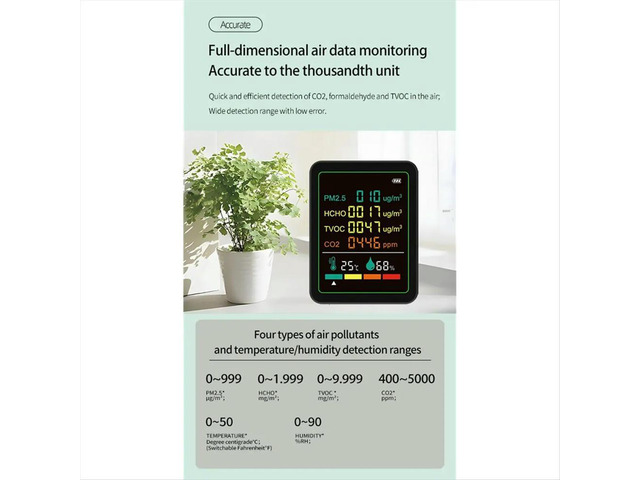 6in1 Digital Air Monitor Detector Formaldehyde TVOC PM2.5 /CO2 Meter Temperature Humidity Tester Black