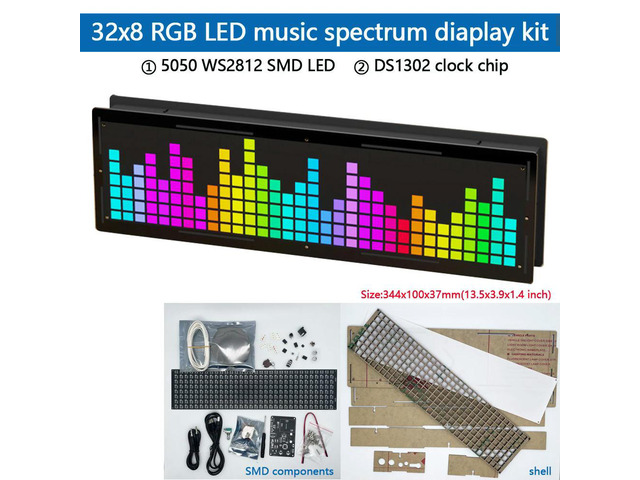 DIY 32x8 RGB LED music spectrum display electronic soldering kit WS2812 SMD LED DS1302 clock with shell