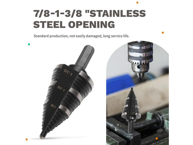 High-Speed Steel Inch Step Drill, 3/8' Hexagonal Shank Nitrided Pagoda Drill, 7/8-1-3/8' Stainless Steel Hole Opening