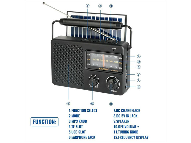 R-2011BTS Stereo Radio AM FM SW Radio with TF Card USB Playback, Solar Charging Emergency Radio for Outdoor