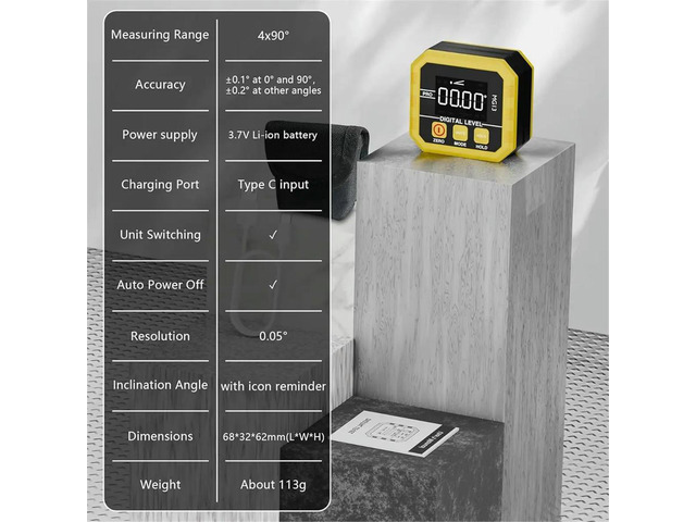 Rechargeable Digital Angle Finder and Magnetic Inclinometer Gauge ±0.1° Accuracy Protractor 360° Flip Screen