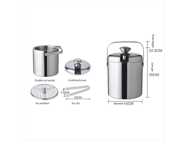 Double-Wall Stainless Steel Ice Bucket with Lid Tongs and Strainer Cooler Bucket for Wine Champagne Vodka Cocktails Beer