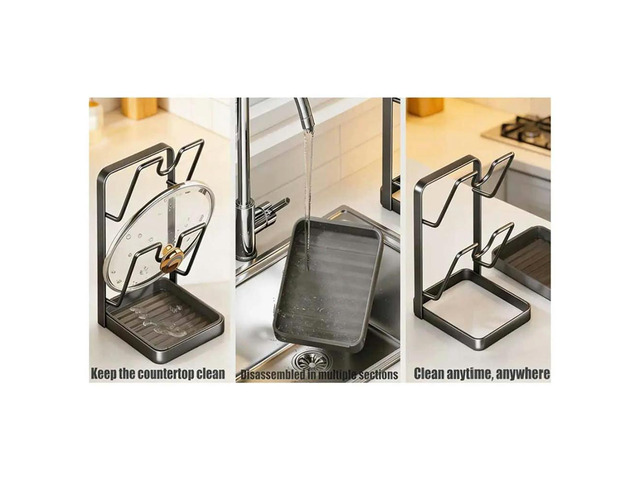 Kitchen Pot Lid Rack, Multifunctional Pot and Pan Organizer with Drain Tray, Countertop Lid and Spoon Holder