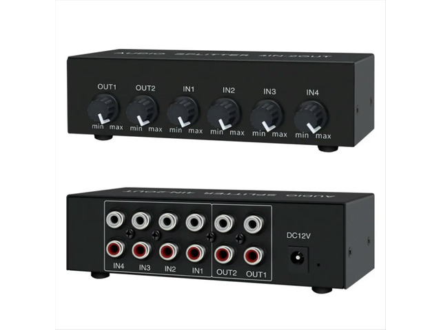 4 in 2 Out Audio Switch Mixer Splitter, Stereo High Fidelity with Op Amp, Volume Adjustment, No Switching US PLUG
