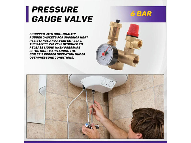 Safety Group Pressure Relief Valve Boiler, DN25 Brass Quick Bleeder with Pressure Gauge for Home,Hotel,Heating System