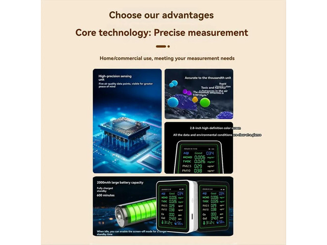12 in 1 Air Tester Temperature/Humidity /Time/CO/CO2/Curve/TVOC/AQI/PM2.5/PM10/Formaldehyde with Bracket Black