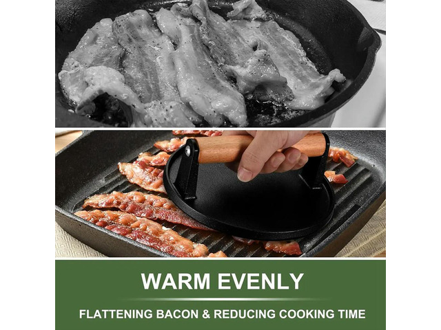 Burger, Heavy-Duty Cast Iron Smash Bacon Meat Meat Steak with Wood Handle for Griddle, Sandwich, Nonstick Pan