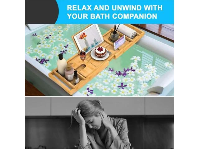 Bamboo Bath Tray - Extendable Bathtub Shelf with Tablet/Phone Slot, Candle/Cup Holder, Bathroom Rack, Bath Tray