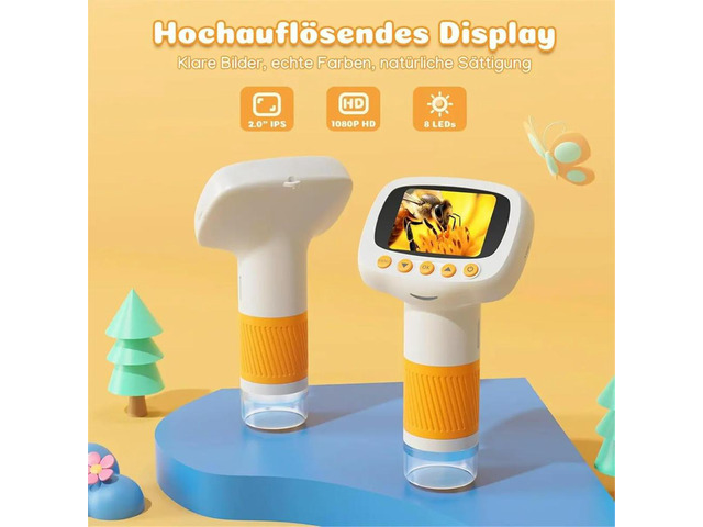 Digital Microscope for Children with Alarm Clock, Microscope with 1000x Magnification, 2 Inch Screen, 8GB Card
