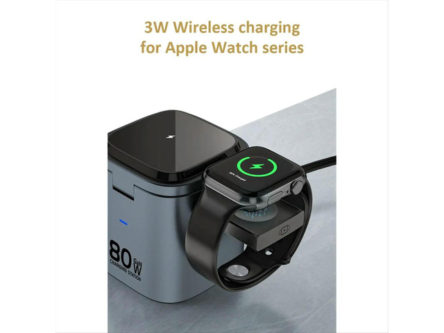 80W 6-in-1 GaN Charging Station Adapter with Type C PD 60W Retractable Charging Cable Fast Charger EU PLUG