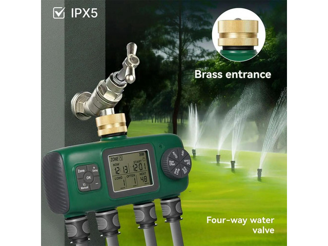 Water Timer Brass Inlet Rotary Knob Control with LCD Display Screen Rain Delay Child Lock Garden Sprinkler 4-Outlet US