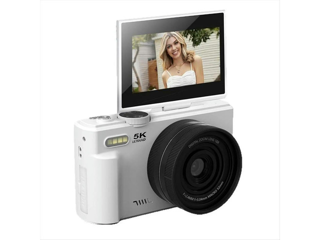 Digital Photography Camera 5K 18X Digital Zoom Vintage Vlog Video Recorder 180° Flip Screen Selfile Cam White