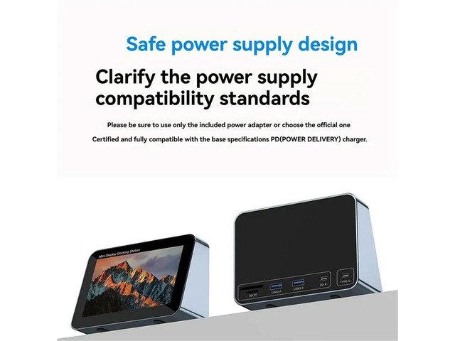 5 in 1 Multifunction Display Docking Station,5 Inch Type-C Dock Support 100W PD Charging + USB 3.0x2 +SD/TF Card Reader