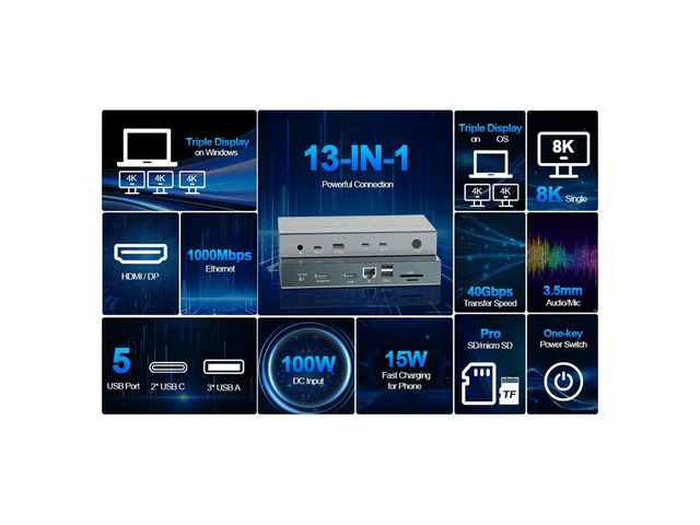 13 in 1 Dock,100W Charging,40Gbps,Single 8K or Triple 4K Displays, USB-A/C, Ethernet for MacBook/Surface US Plug
