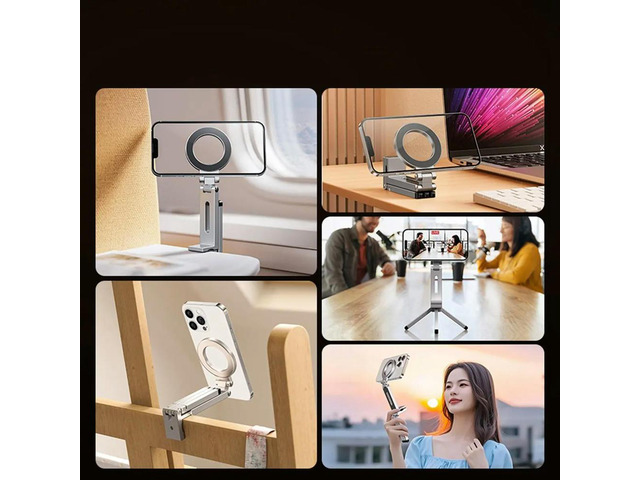 Foldable Magnetic Phone Tripod Holder, 360° Rotating Stand for Travel Video Shooting Desk Plane