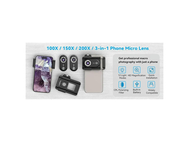 3-in-1 Phone Microscope Lens 100X/150X/200X with LED Light for Android/for