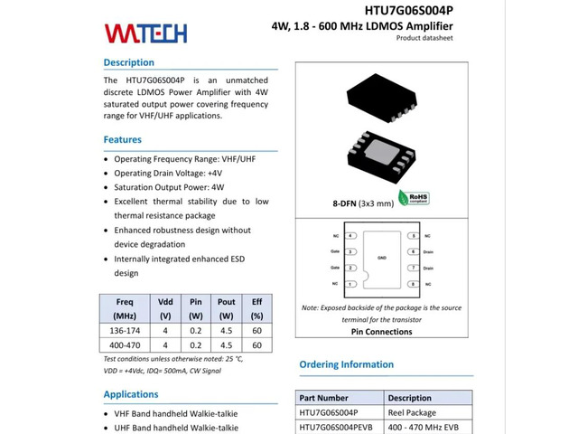 HTU7G06S004P HTU7G06S004 DFN 4W 1.8- 600 MHz LDMOS Amplifier LDMOS Power Amplifier VHF/UHF applications