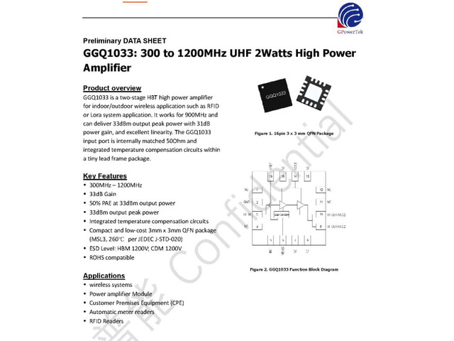 GGQ1033 2w/33dBm 0.3-1.2G UHF GaAs RF Power Amplifier