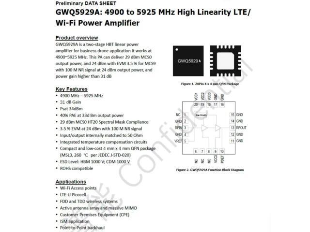 GWQ5929A 34dBm 4.9-5.9G GaAs High-Linearity RF Amplifier