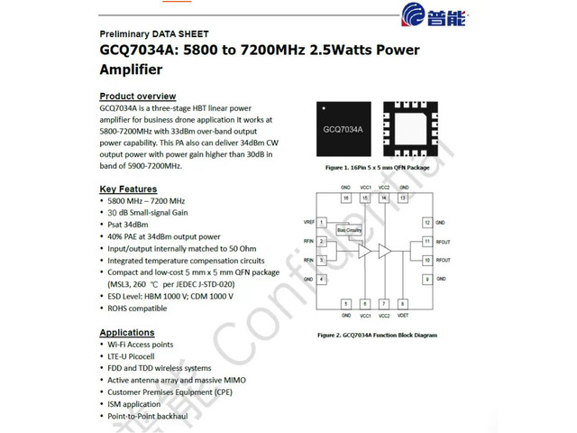 GCQ7034A 34dBm 5.8-7.2G GaAs High-Power RF Amplifier