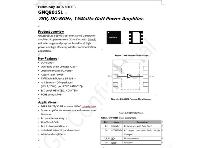 GNQ8015L 28V DC-8GHz GaN cw 15w GaN RF Power Amplifier