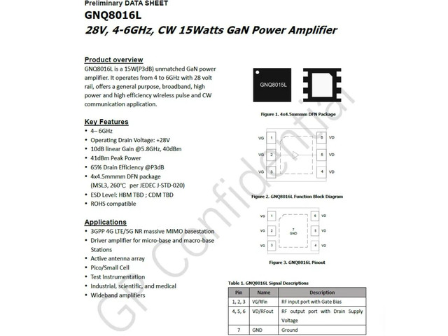 GNQ8016L 28V DC-8GHz GaN cw 15w GaN RF Power Amplifier