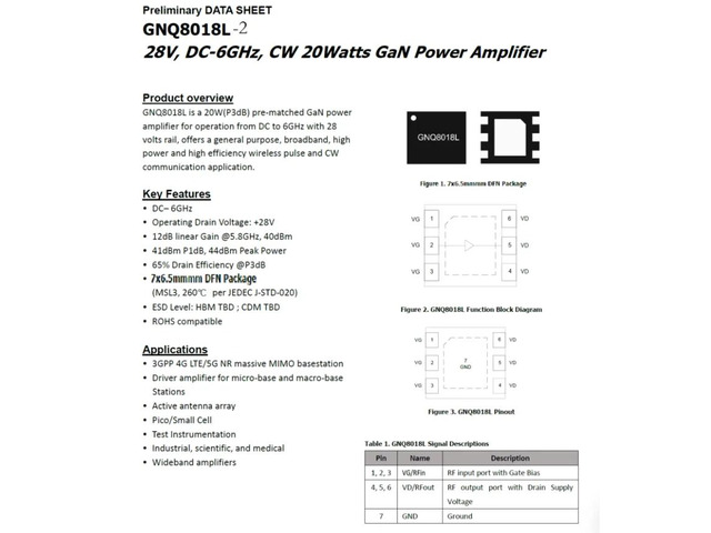 GNQ8018L-2 28V DC-6GHz GaN cw 20w GaN RF Power Amplifier