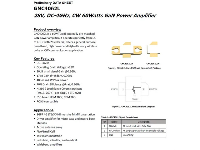 GNC4062L 28V DC-4GHz GaN 60w GaN RF Power Amplifier
