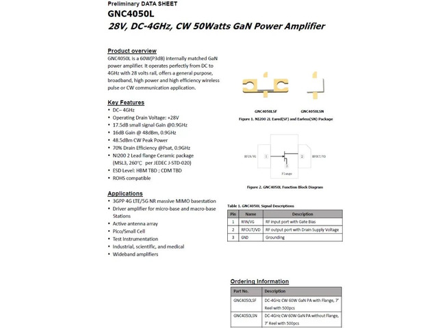 GNC4050L 28V DC~4GHz GaN cw 50w GaN RF Power Amplifier