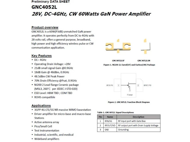 GNC4052L 28V DC~4GHz GaN cw 50w GaN RF Power Amplifier