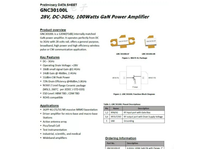 GNC30100L 28V DC-3GHz GaN 100W GaN RF Power Amplifier