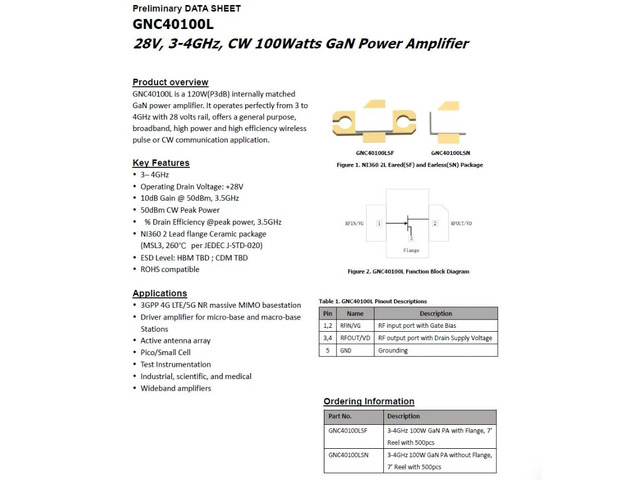 GNC40100L 28V 3-4GHz GaN 100w GaN RF Power Amplifier