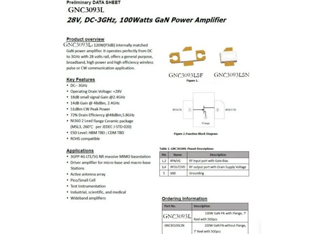 GNC3093L 28V DC-3GHz GaN 100w GaN RF Power Amplifier
