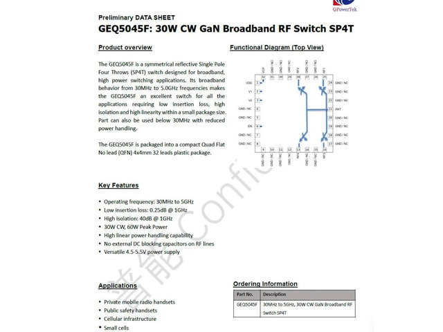 GEQ5045F 30M to 5GHz 30w GaN Broadband RF Switch SP4T