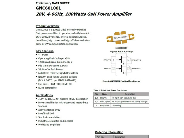 GNC60100LDF 28V 4-6GHz GaN 100w GaN RF Power Amplifier