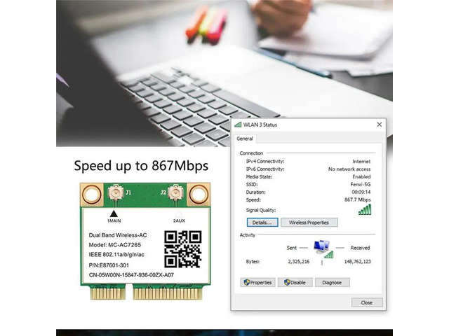 1200Mbps -AC7265 Dual Band Mini PCI-E Card Bluetooth 4.2 802.11Ac Dual Band 2.4G 5Ghz Adapter for Laptop