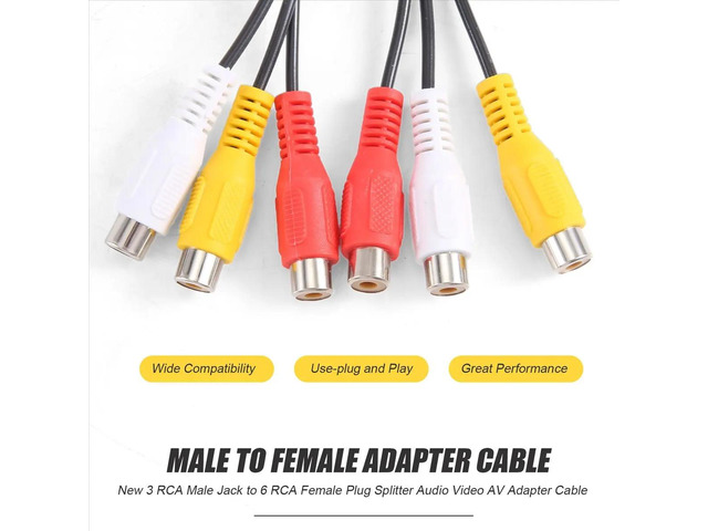 3 Male Jack to 6 Female Plug Splitter Audio Video AV Adapter Cable